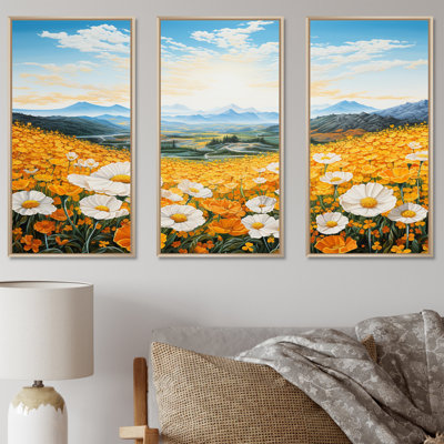 Jaune souci jaune dans un paysage de montagne - ensemble d'art mural sur toile fleurs