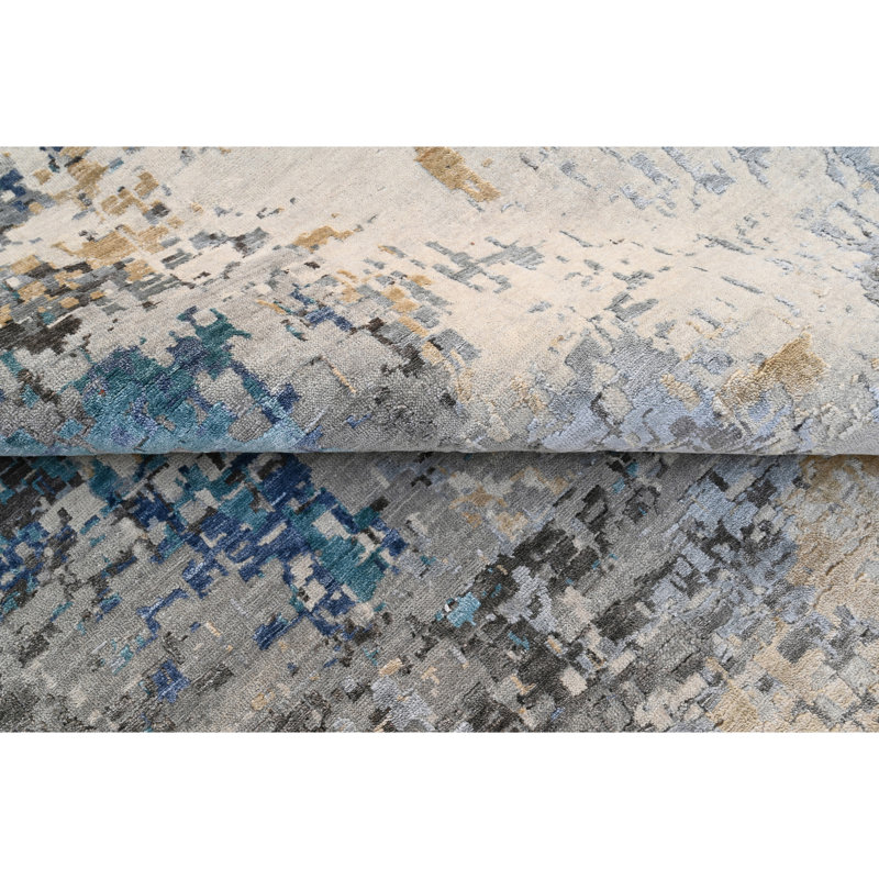 Hand Knotted Abstract Area Rug in Silver/Blue/Tan, Rectangle 9' x 12'