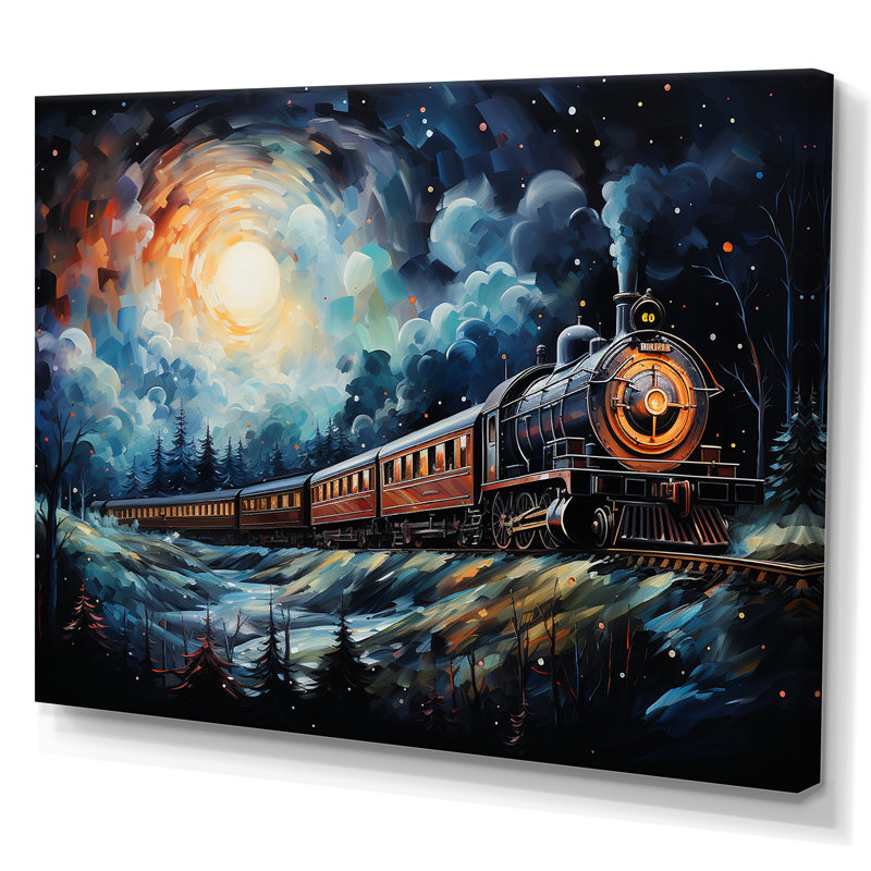 «Orange Moonlight Countryside Train Journey III» - art mural train, Toile tendue, H 24 po x l 32 po x P 1 po