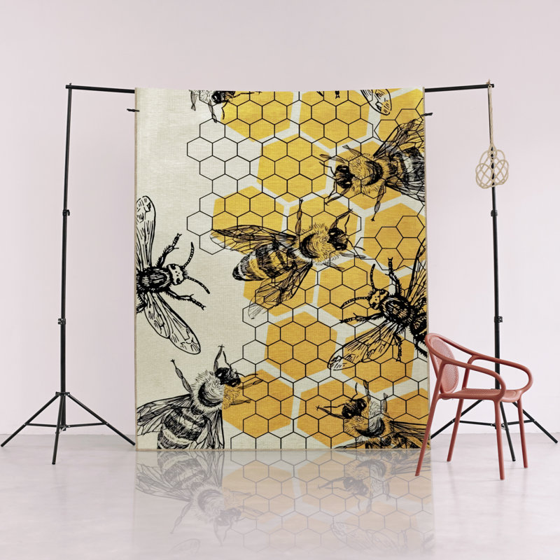 Tapis décoratif moderne jaune-beige à motif de ruche et d'abeille, Rectangle 3 pi 11,24 po x 5 pi 10,87 po