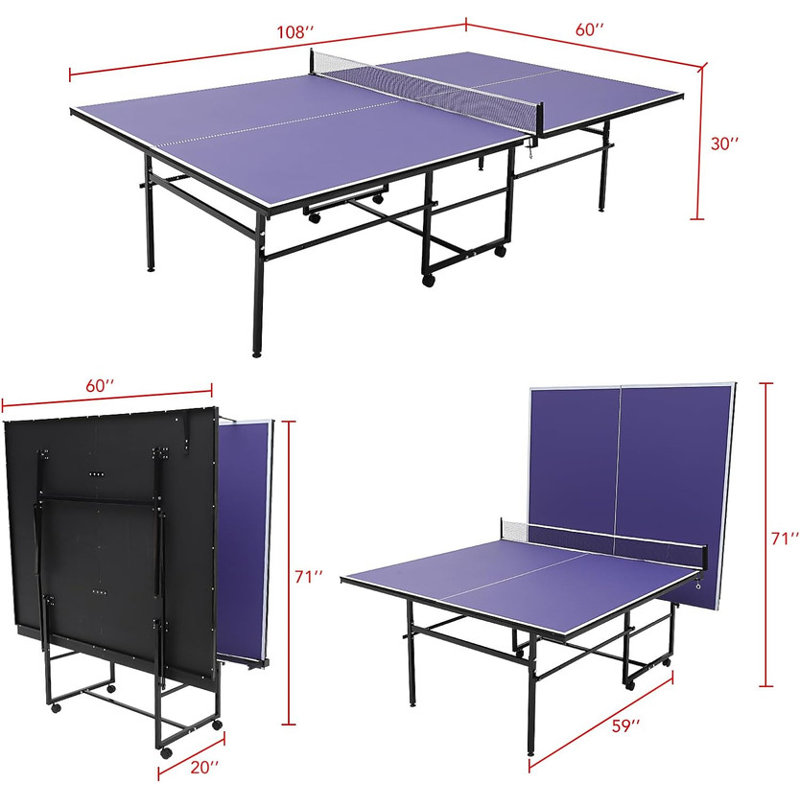 8 FT/9 FT Foldable Portable Table Tennis Table and Balls Set with 4 Wheels, 30" H x 108" W x 60" D