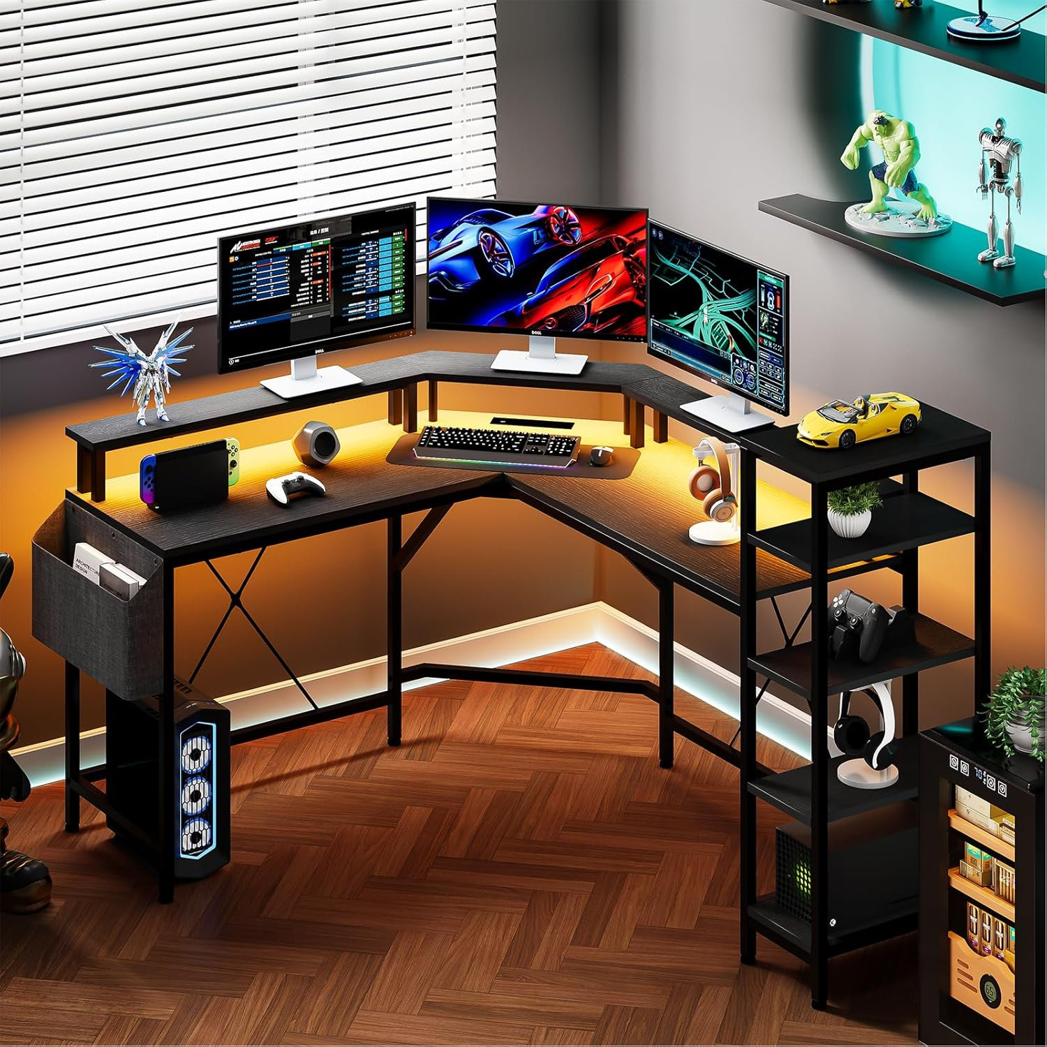 Ivy Bronx L Shaped Desk With Power Outlets & LED Lights, 62