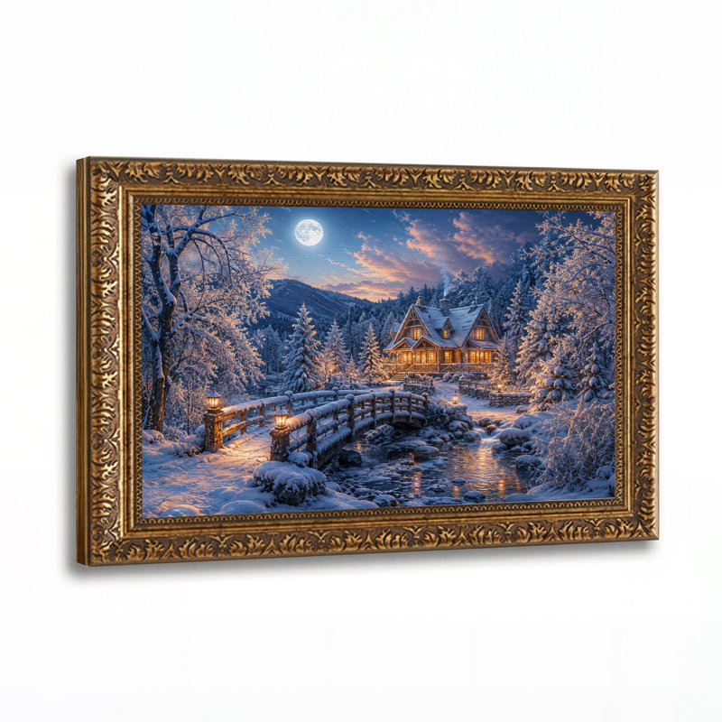 Cabane d'hiver avec fenêtres illuminées et pont en bois - Toile murale d'Halloween, 20"H x 30"W