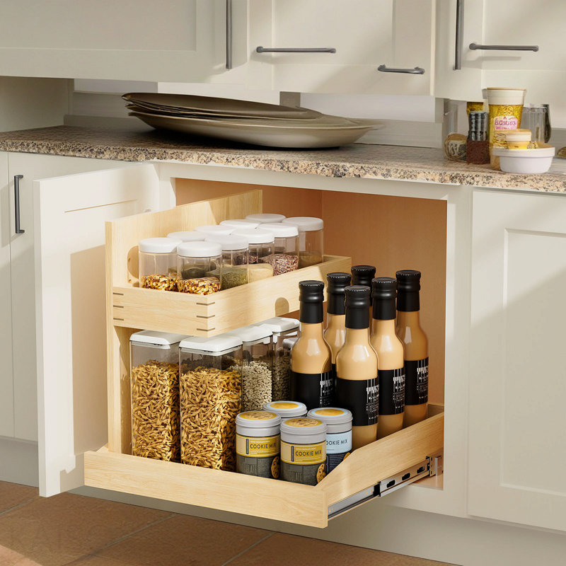 Organisateur sous évier et rangement l 19 ½ po x P 21 po, organisateur d'armoire coulissant à 2 niveaux avec fermeture rigide, organisateur d'armoire coulissant réglable avec support en U pour la cuisine de la salle de bain (à gauche)