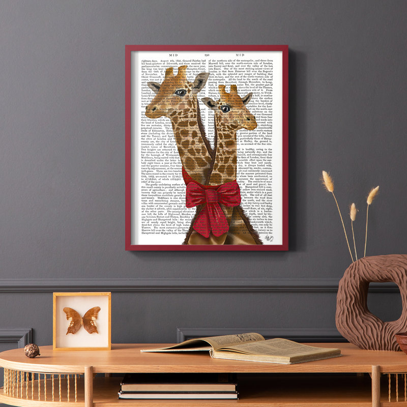«Giraffes and Bow», reproduction encadrée, Cadre simple rouge, H 10 po x l 8 po