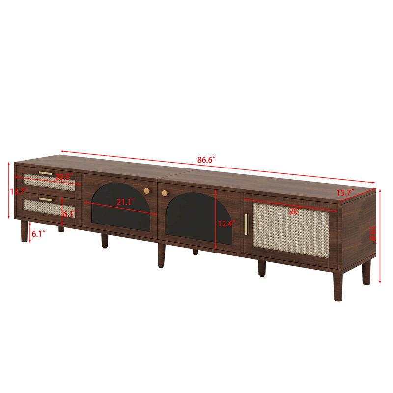 Rattan Tv Stand, Brown Boho Tv Stand With Led Lights & 2 Drawers, Arched Doors & Cabinets Storage