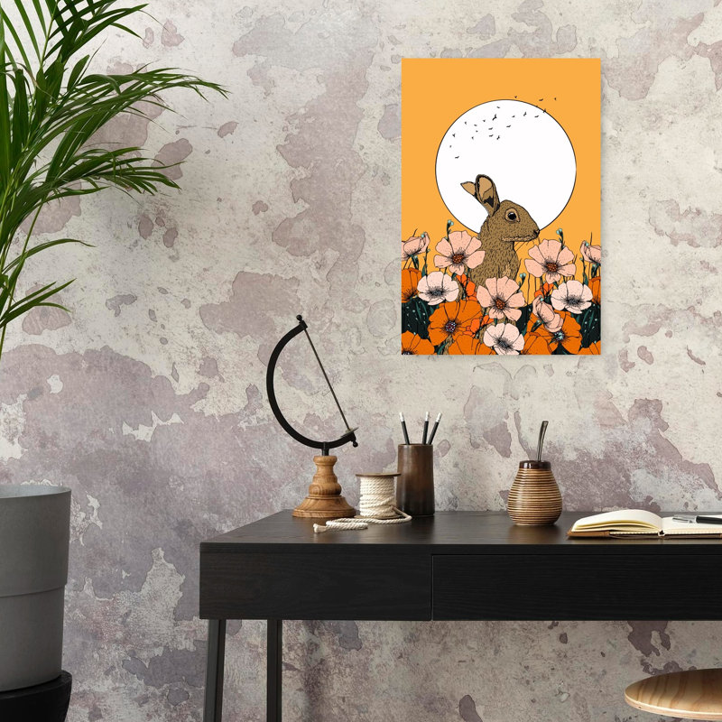 Desert Rabbit And Moon Peaceful Rustic Serene Bird Rabbit Landscape Nature Wall Art Print by Nicholas - Wrapped Canvas Print