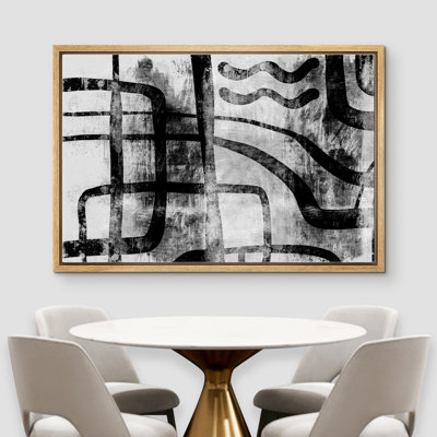 Art mural IDÉE4WALL, impression sur toile encadrée, motifs d'inspiration tribale, lignes ondulées, formes abstraites, art moderne, noir et blanc pour le salon, la chambre à coucher, le bureau - 16 po x 24 po - Naturel