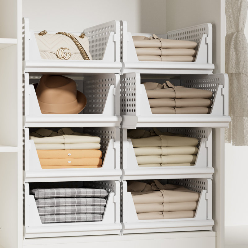 Panier de rangement en plastique empilable Organisateur de placard Pliable Organisateur de vêtements Tiroir de rangement Étagère pour salon Salle de bain Cuisine Bureau (4L1S)