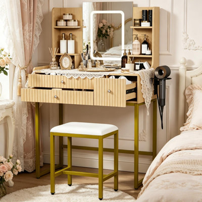 Petit meuble-lavabo 31 po avec miroir et lumières 3 couleurs - Ensemble de coiffeuse avec station de charge intégrée et 6 tablettes de rangement - Coiffeuse avec 3 tiroirs pour la chambre