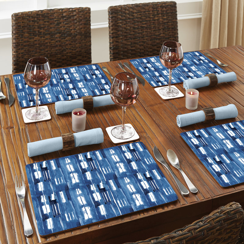 Indigo Blue Geometric Hardboard Placemats with Cork Backing, Set of 4