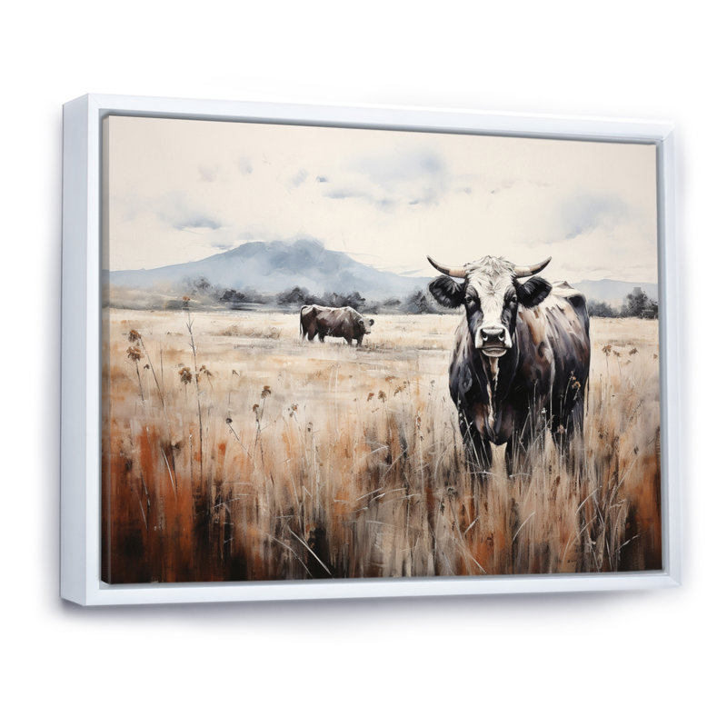 Vache, reproduction d'art sur toile, "Vache dans la prairie", 12" H x 20" W, White Picture Framed