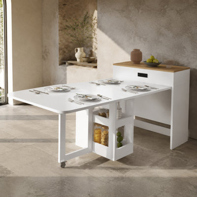 Extendable Dining Table with Storage Cabinet, Power Socket & Lockable Casters, 74‑Inch Fully Unfolded Size, Natural Walnut