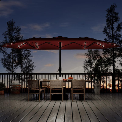 Parasol de patio rectangulaire à double face de 15 pieds avec base et 48 lumières DEL solaires - Auvent robuste, résistant aux rayons UV et imperméable - Abat-jour de marché extérieur pour cour, piscine, terrasse, jardin, bordeaux