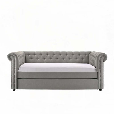 Upholstery Daybed with Pull Out Trundle Tufted Nailhead Trim Design Daybed