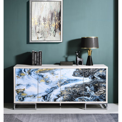 Armoire console en marbre bleu - aspect élégant avec finition en chêne blanchi, espace de rangement suffisant, 4 portes et 2 tablettes, base de rangement en bois synthétique et base de tablettes imprimée en or L 31 po x l 14 po