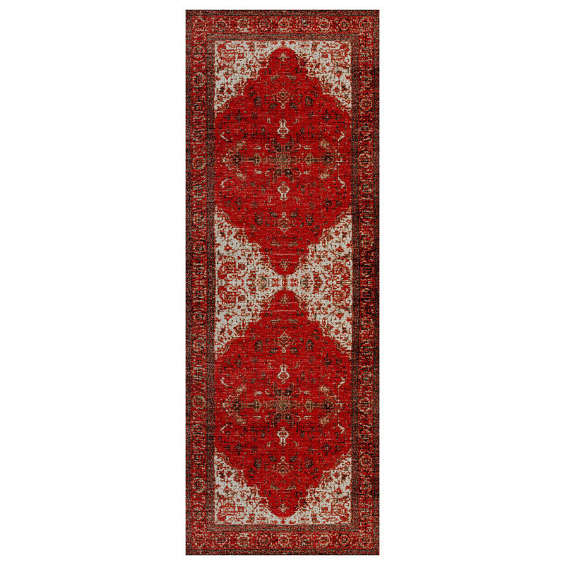 Guria Red/Beige Oriental Vintage Look Machine Printed Cotton Chenille Area Rug, Runner 2'8" x 8'3"