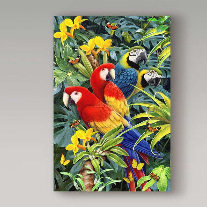 Colorful Parrots in Tropical Flowers Canvas Art