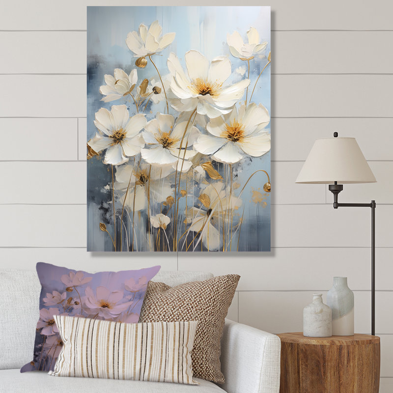 Minimalisme beige et renoncules bleus sur fond bleu I sur toile, H 40 po x l 30 po x P 1,5 po, Toile tendue