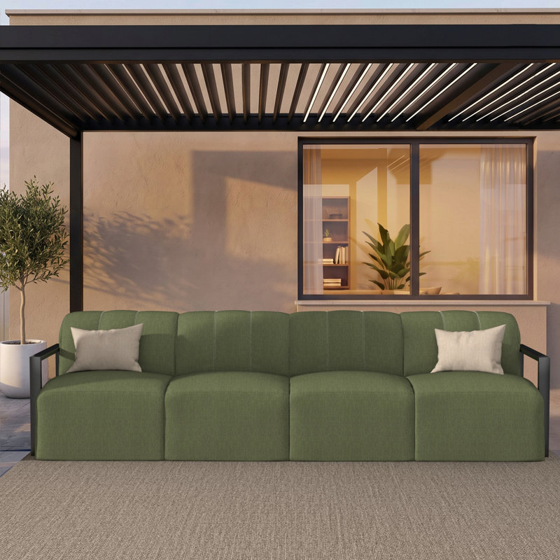 Canapé d'angle modulaire moderne en aluminium à structure ouverte, grand format, 4 pièces, avec coussins Sunbrella