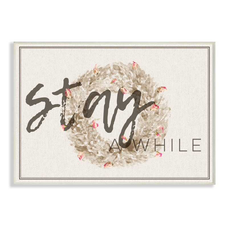« stay a while », couronne de strawflower-impression d’art graphique sur toile encadrée, H 10 po x l 15 po x P 1,5 po