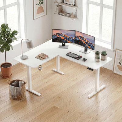 Reversible L Shaped Standing Desk, Height Adjustable with Cup Holder, Electric Corner Computer Workstation, Sit Stand up Home Office, Ergonomic Gaming, White
