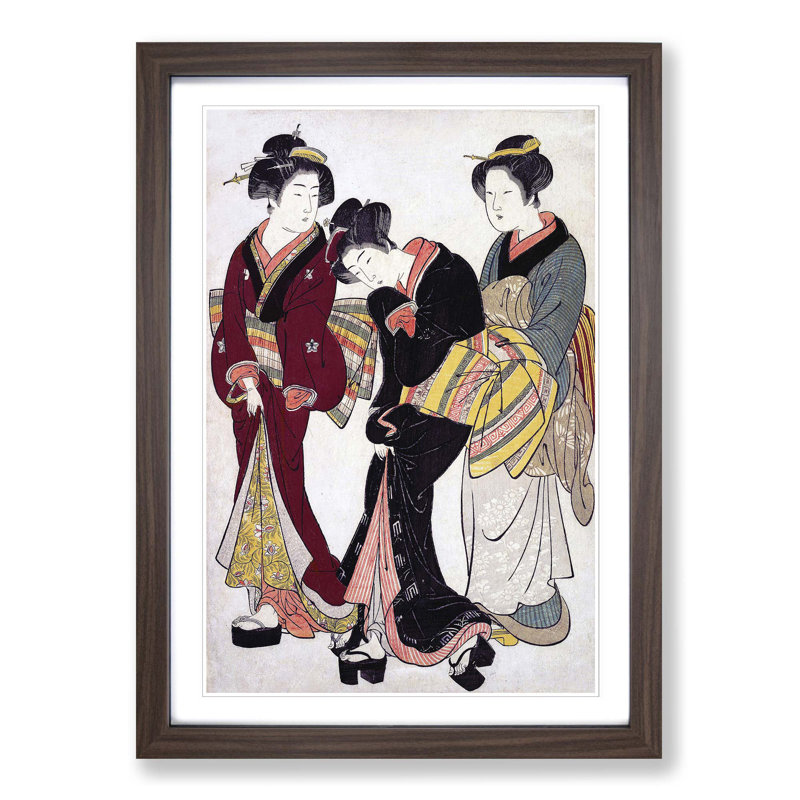 Two Geishas and a Maid by Kitao Shigemasa - Picture Frame Painting Print, 48cm H x 36cm W x 2cm D, Walnut Framed