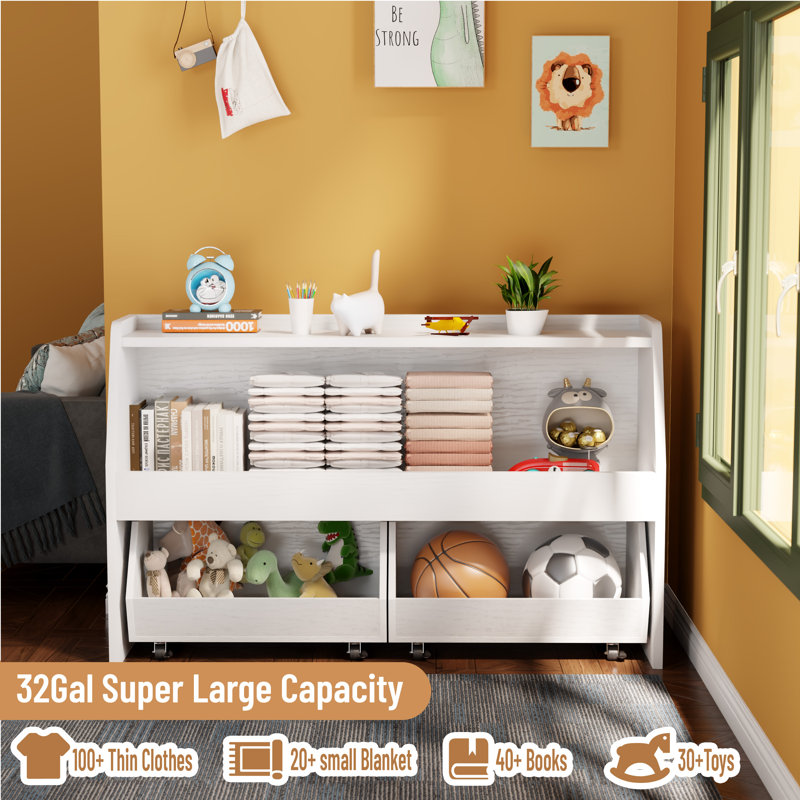 2-Tier Toy Storage & Organizer Bookshelf with Cubbies & 2 Removable Drawers - Kids Room Storage Solution for Toys, Books & Decor