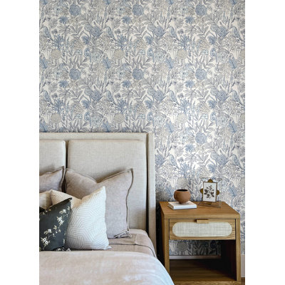 Goldfinch Aqua Birds and Blooms Wallpaper