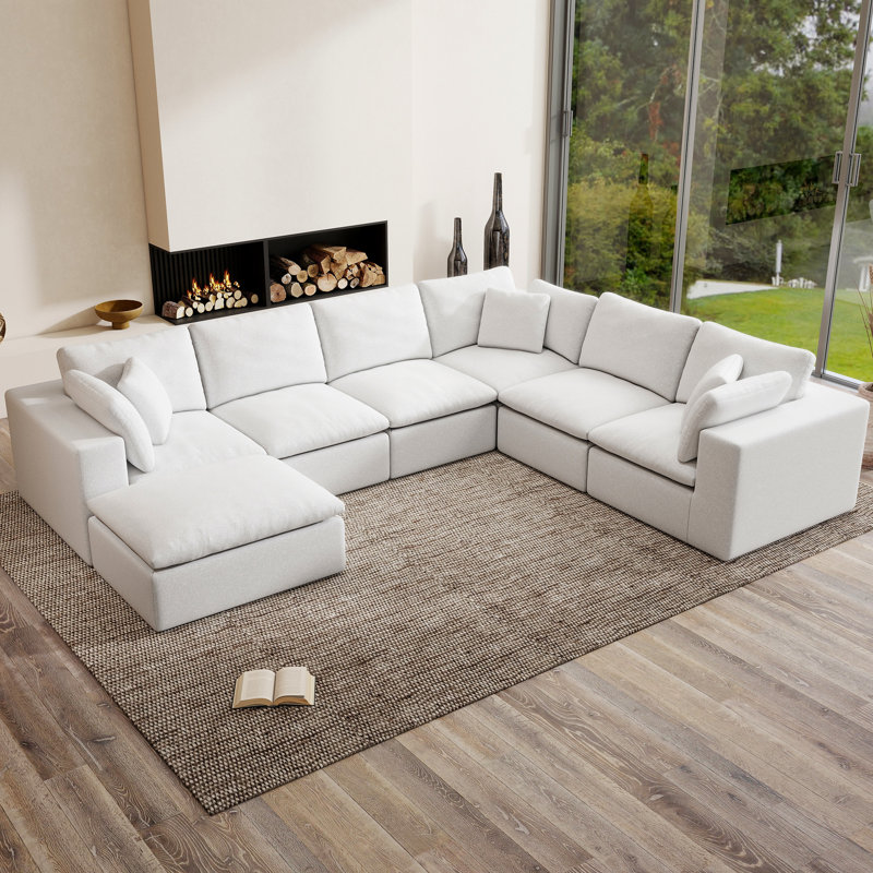Canapé modulaire à compression sans nuage de 137 po Kreyton, canapé modulaire sans assemblage en chenille, Chenille blanche
