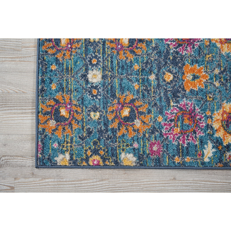 Floral Machine Woven Polypropylene Area Rug in Blue/Pink, Runner 1'10" x 6'