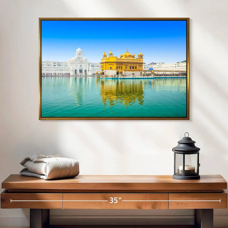 Temple de sri Harmandir, 25 po x 17 po, Cadre flottant doré