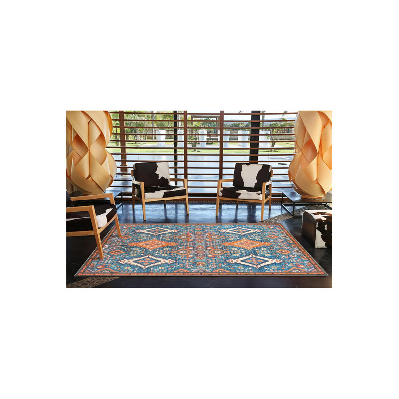 Tapis décoratif bleu traditionnel lavable à la machine, Sous-tapis carré 3 pi 11 po inclus