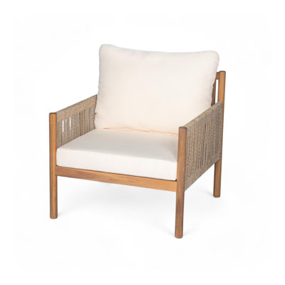 Modern Outdoor Woven Lounge Chair With Solid Wood Frame And Comfortable Polyester Cushions, Perfect For Patio, Garden, Or Balcony
