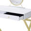 Bureau de meuble-lavabo rectangulaire blanc et doré avec poignée en cristal, structure en métal, plateau à bijoux avec miroir, glissière centrale à 2 tiroirs avec accents, forme, miroir amovible, rangement