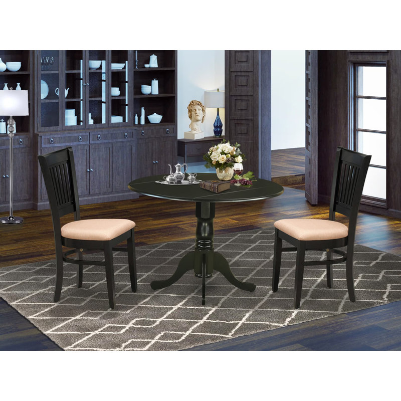 Ensemble de table de cuisine 3 pièces pour petits espaces comprenant une table de salle à manger ronde avec Dropleaf et 2 chaises en tissu de lin, noir