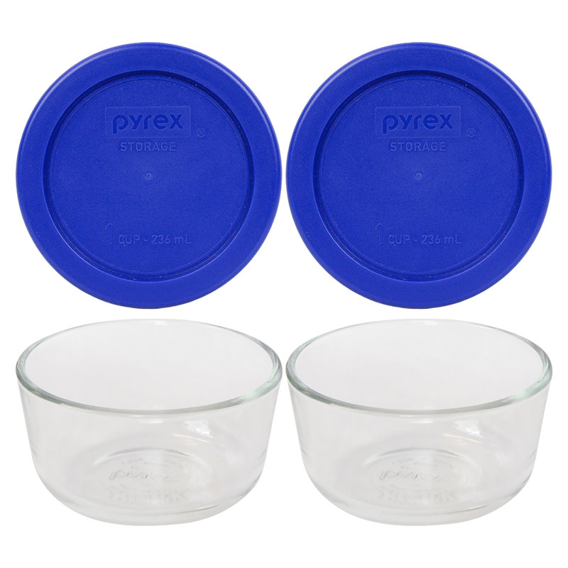 Pyrex (2) bols en verre 1 tasse et 2 (2) couvercles en verre, Bleu cadet