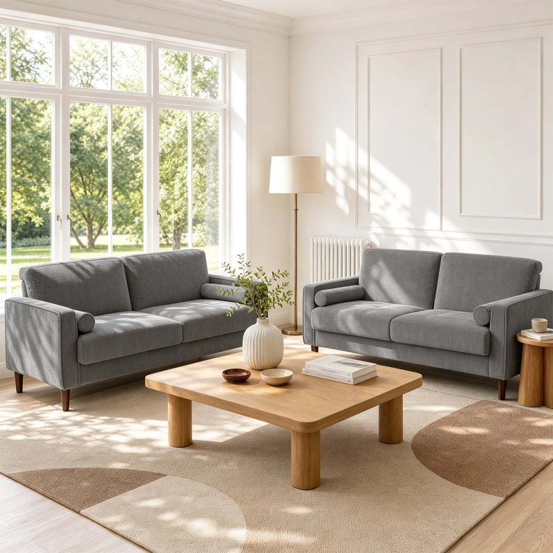 Canapé à accoudoirs carrés 62,7 po Carmelinda, Velours côtelé gris pâle
