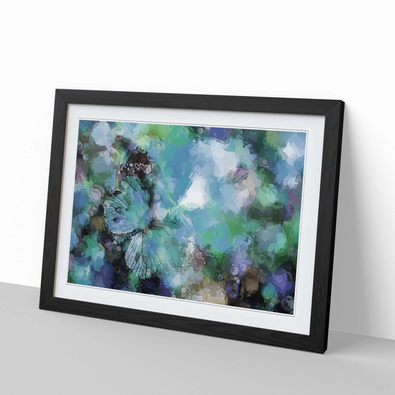 Butterfly upon a Flower in Blue in Abstract - Picture Frame Painting Print, 62cm H x 87cm W x 2cm D, Black Framed