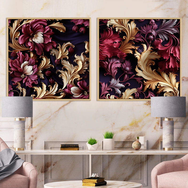 «Timeless Mauve Baroque Floral Dreams III», ensemble de 2 collages carrés botaniques abstraits, Cadre flottant brun