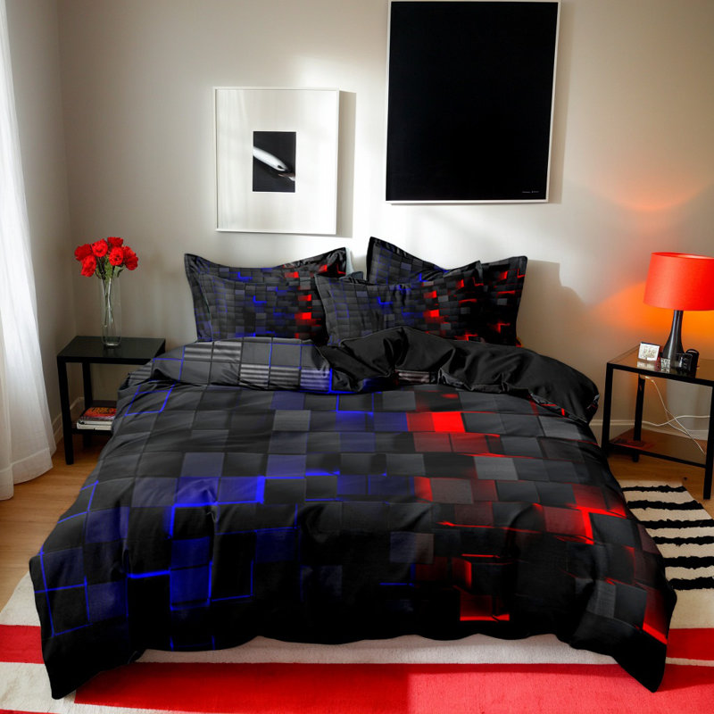 Ensemble de literie Shenglei en microfibre à imprimé géométrique bleu, rouge et noir avec 2 taies d'oreiller, format Queen, 3 pièces (garnitures non comprises)