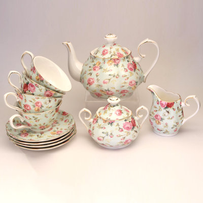 Grace Teaware Blue Rose Chintz 11 Piece Tea Set