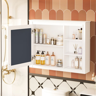Armoire à pharmacie 36 po x 28 po, miroir de salle de bain mural, rangement dissimulé, tablette réglable, assemblage facile, blanc et assemblage