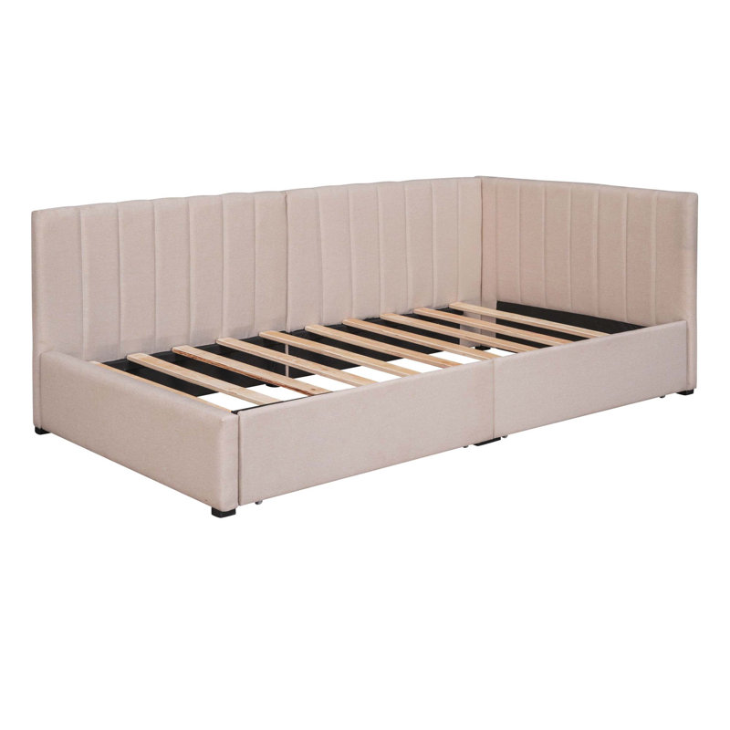 Lit de jour simple rembourré en lin avec 2 tiroirs de rangement, structure de canapé-lit, aucun sommier tapissier requis, beige