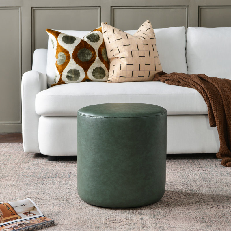 18" Wide Faux Leather Round Upholstered Ottoman, Green