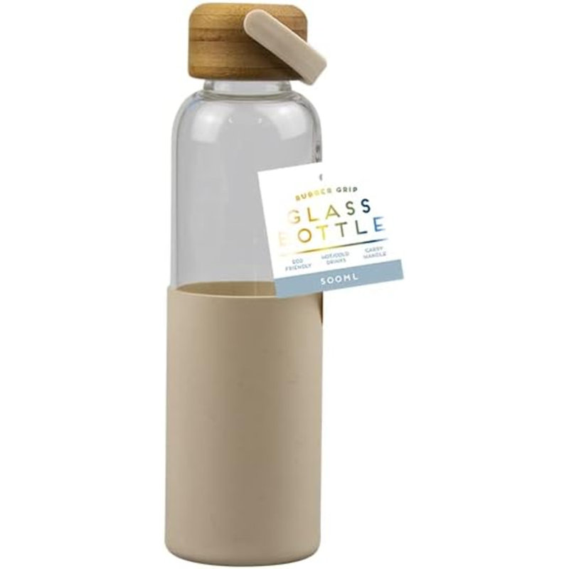 MantraRaj 500ML Glass Water Bottle With Removable Rubber Sleeve Wooden Covered  Lid X 1 Random