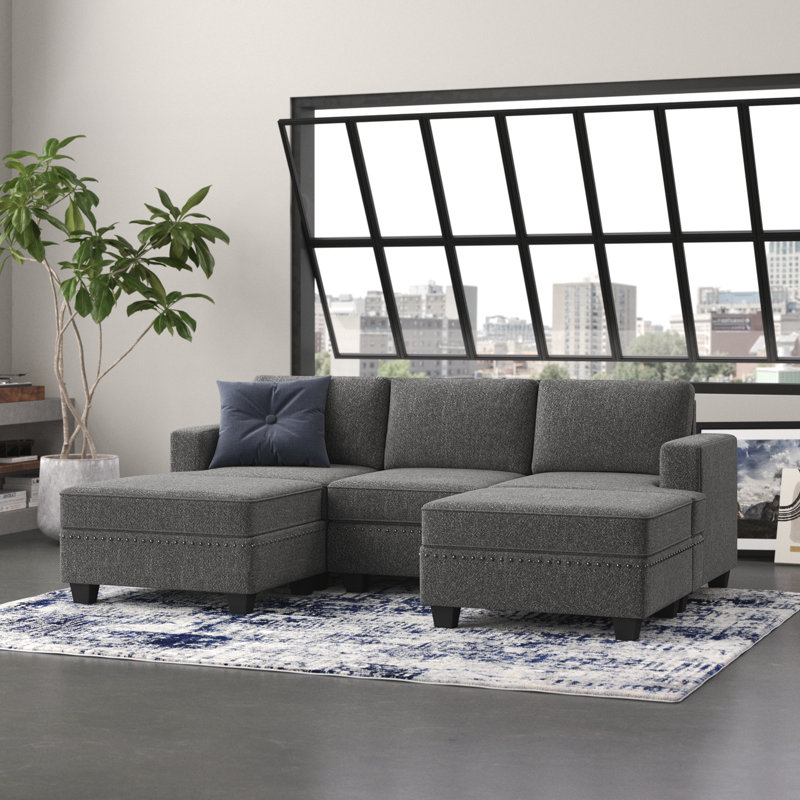 Anureet U Shaped Modular Sectional Sofa with Storage Ottman, Light Gray 100% Polyester