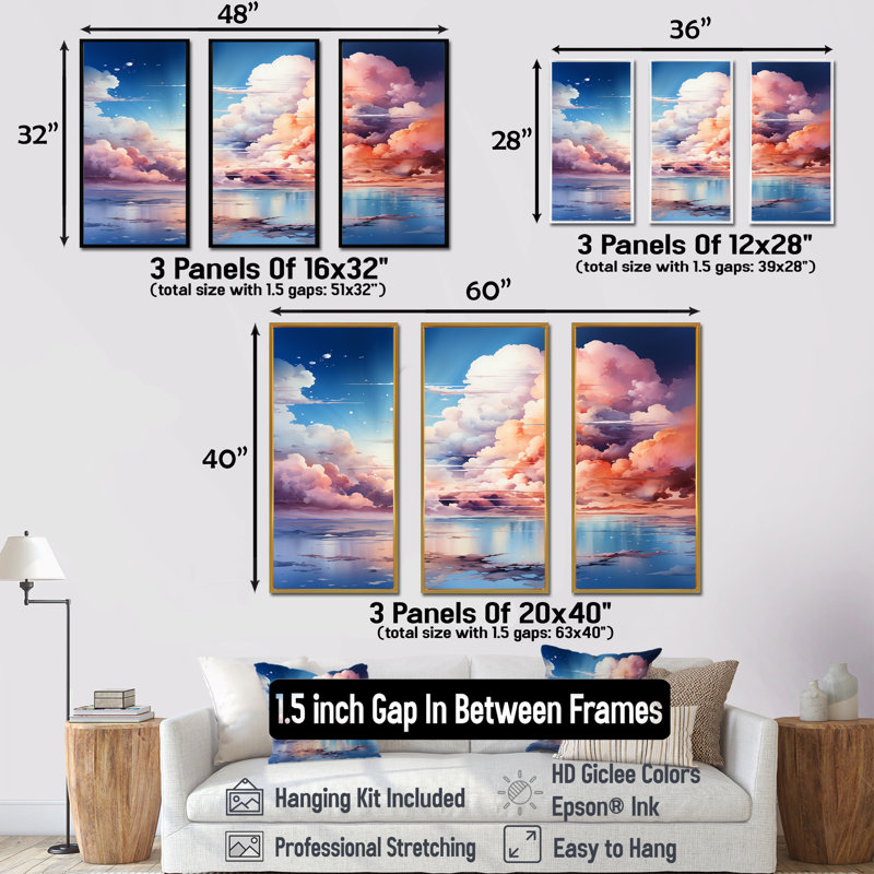 Fantaisie, ciel, paysage, minimalisme - ensemble de décorations murales ciel, H 28 po x l 36 po x P 1 po, Cadre flottant noir