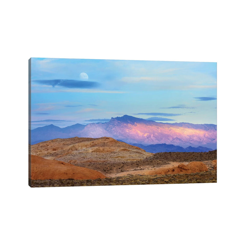 Sunset Lighting Up Mountains Under A Full Moon In Valley Of Fire State Park, Mojave Desert, Nevada by Tim Fitzharris - Wrapped Canvas Print