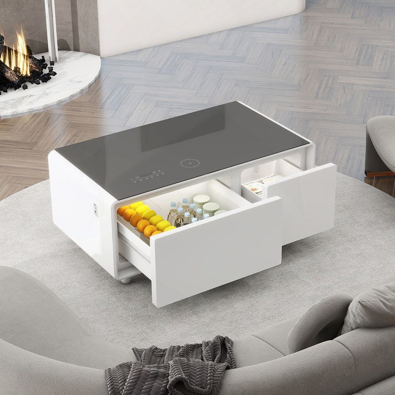 Smart Coffee Table With Built-In Fridge And Freezer Drawers, Bluetooth Speaker, Wireless Charging, Touch Control Panel, USB Ports, Outlet Protection, Atmosphere Light
